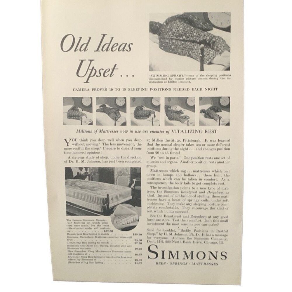 Vintage 1931 Simmons Old Ideas Upset Ad Advertisement